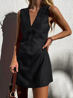 Cotton and Linen V-Neck Short Dress