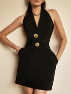Sleeveless V Neck Halter Dress with Gold Accents