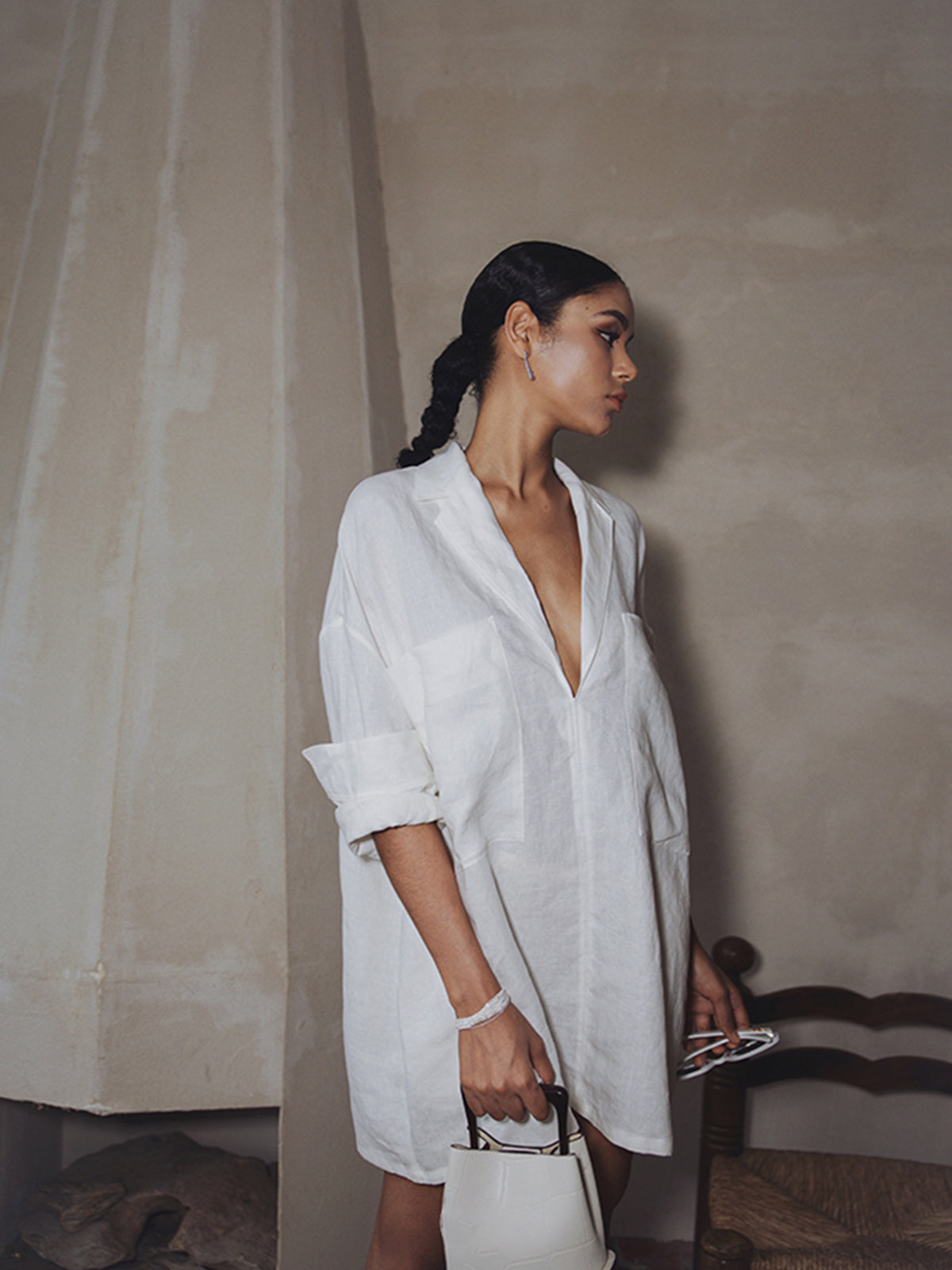 Linen Long Sleeve Dress with Semi-Sheer Pockets