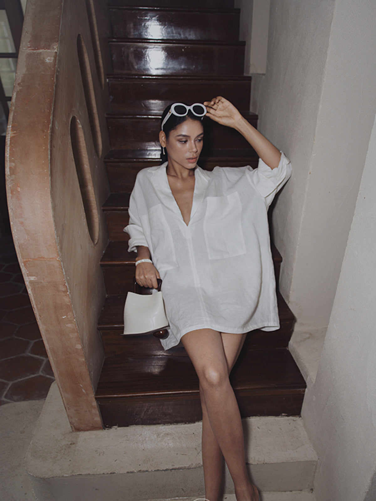 Linen Dress with Semi-Sheer Pockets and Long Sleeves