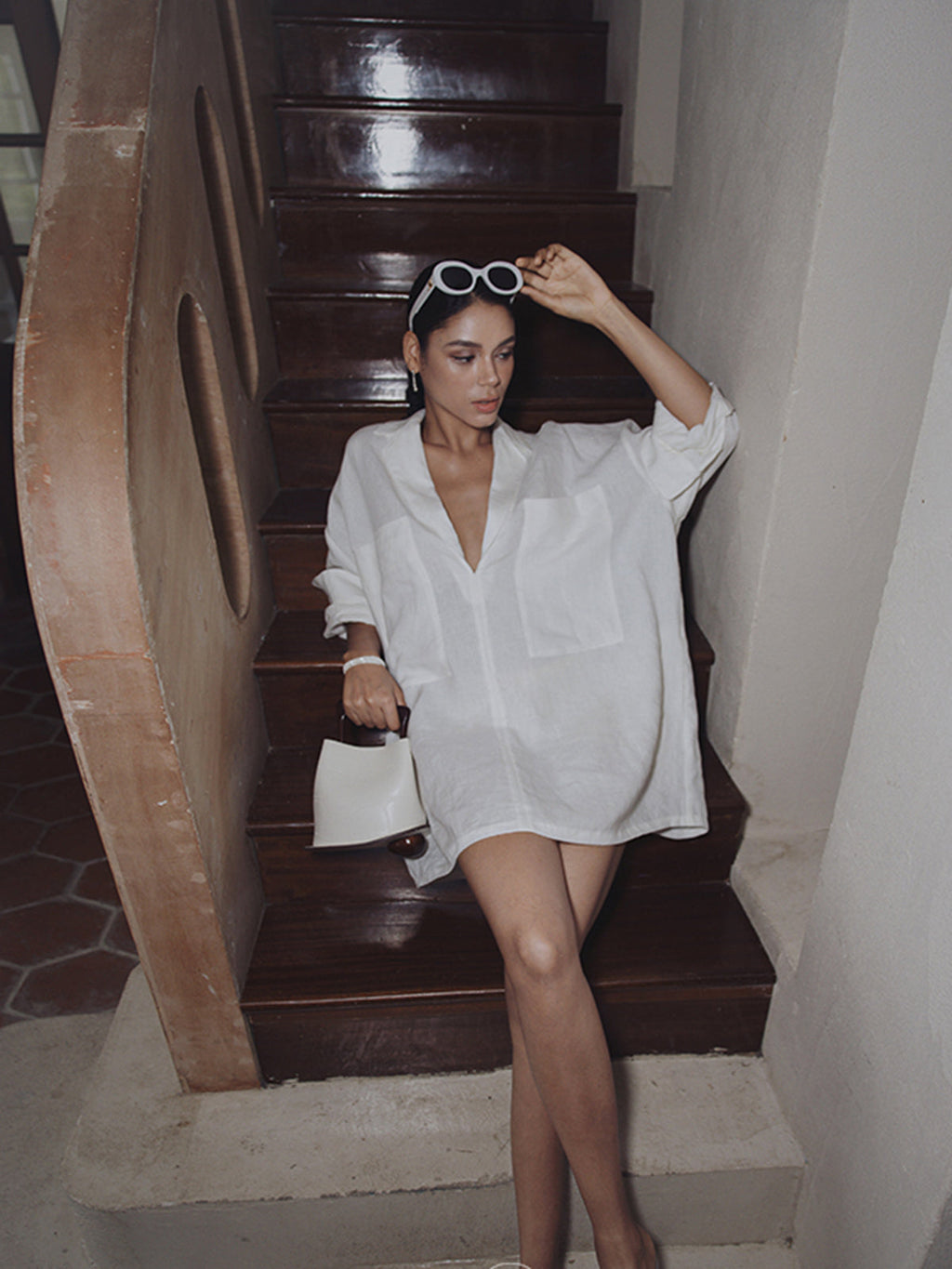 Linen Long Sleeve Dress with Semi-Sheer Pockets