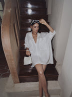 Linen Long Sleeve Dress with Semi-Sheer Pockets