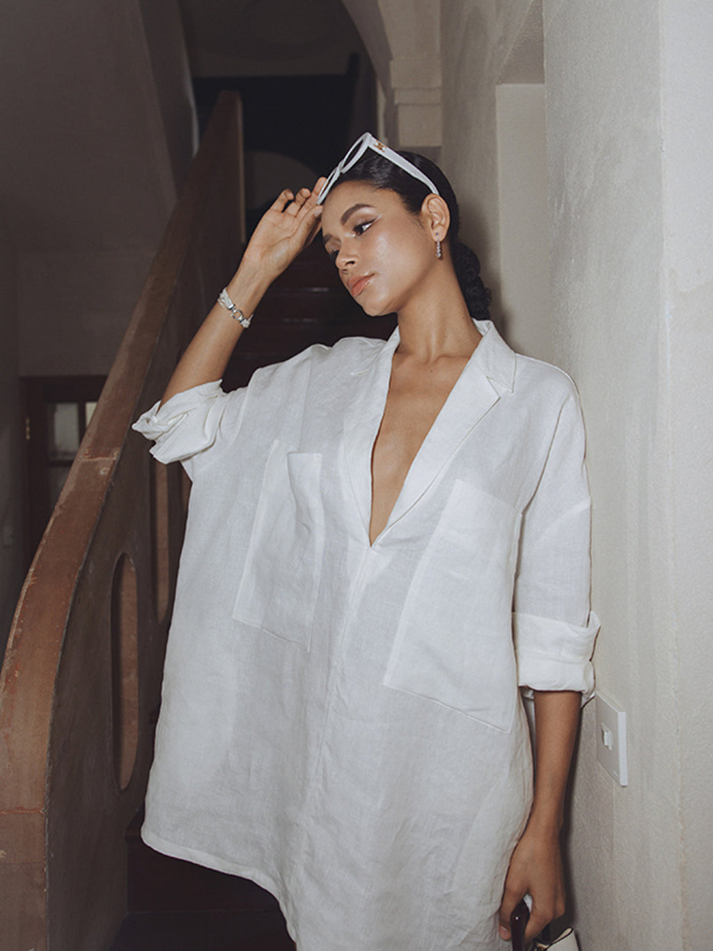 Linen Dress with Semi-Sheer Pockets and Long Sleeves