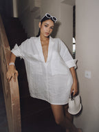 Linen Long Sleeve Dress with Semi-Sheer Pockets
