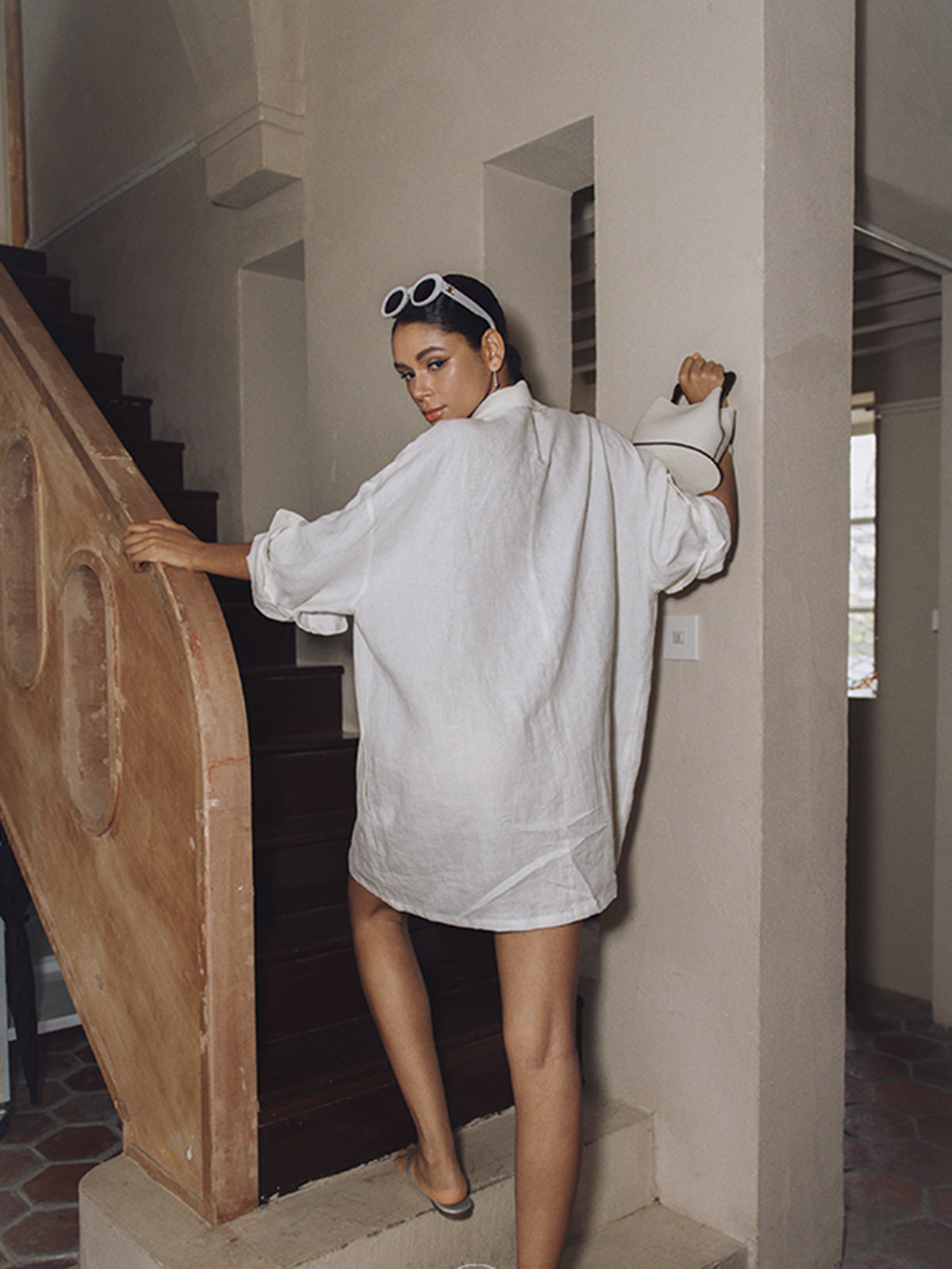 Linen Dress with Semi-Sheer Pockets and Long Sleeves