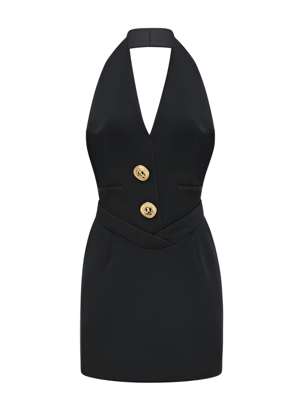 Sleeveless V Neck Halter Dress with Gold Accents
