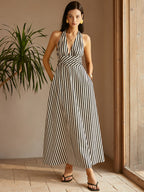 Stripe Pattern Backless Dress with Pockets