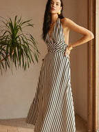 Stripe Sleeveless Dress with Backless Design and Pockets