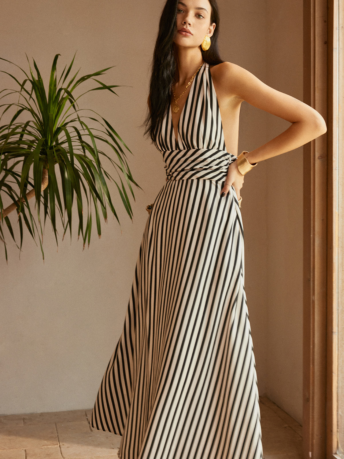 Stripe Design Backless Dress with Pockets