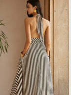 Stripe Pattern Backless Dress with Pockets