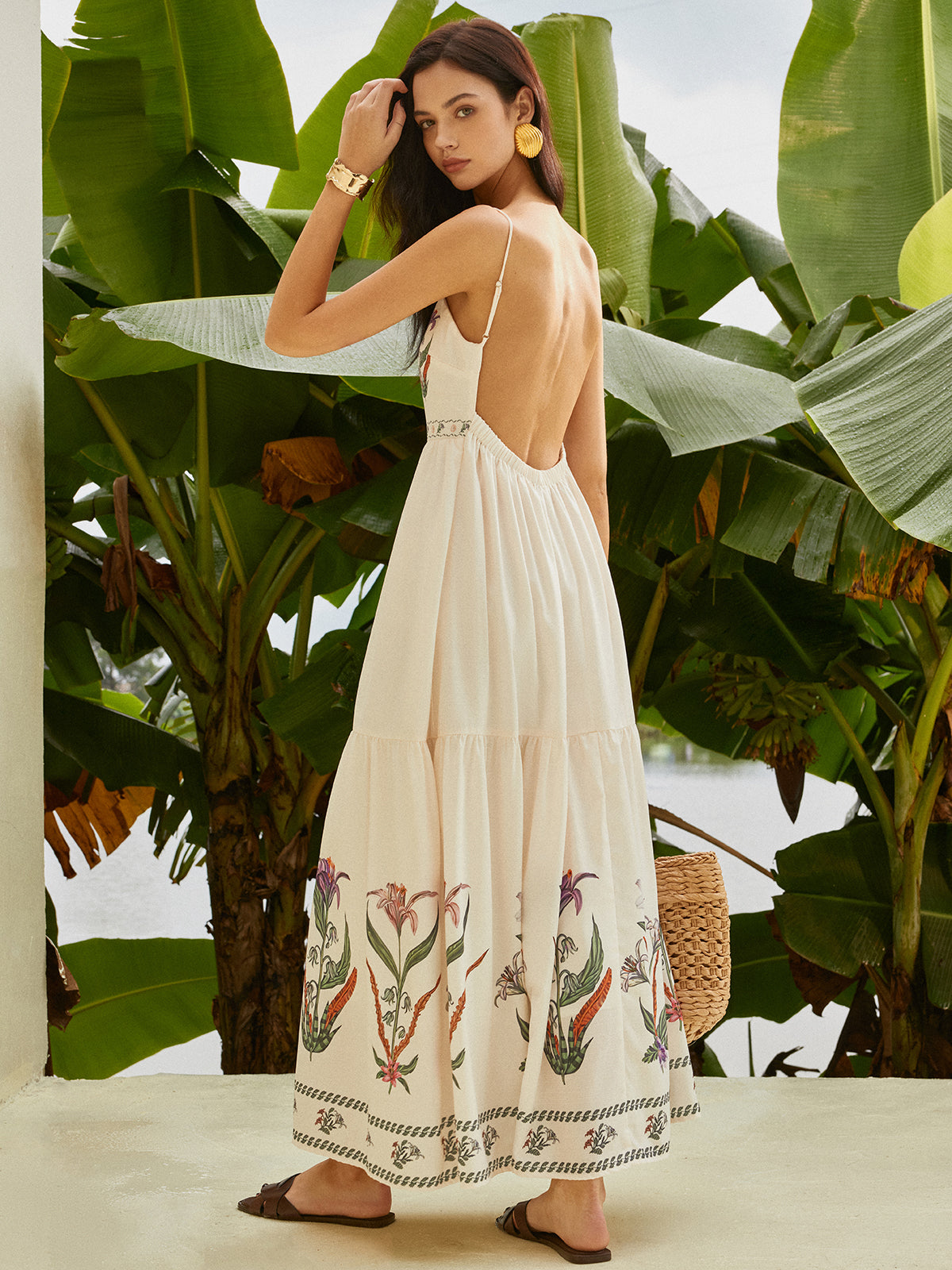 Floral Print Backless Dress with Pleated Design
