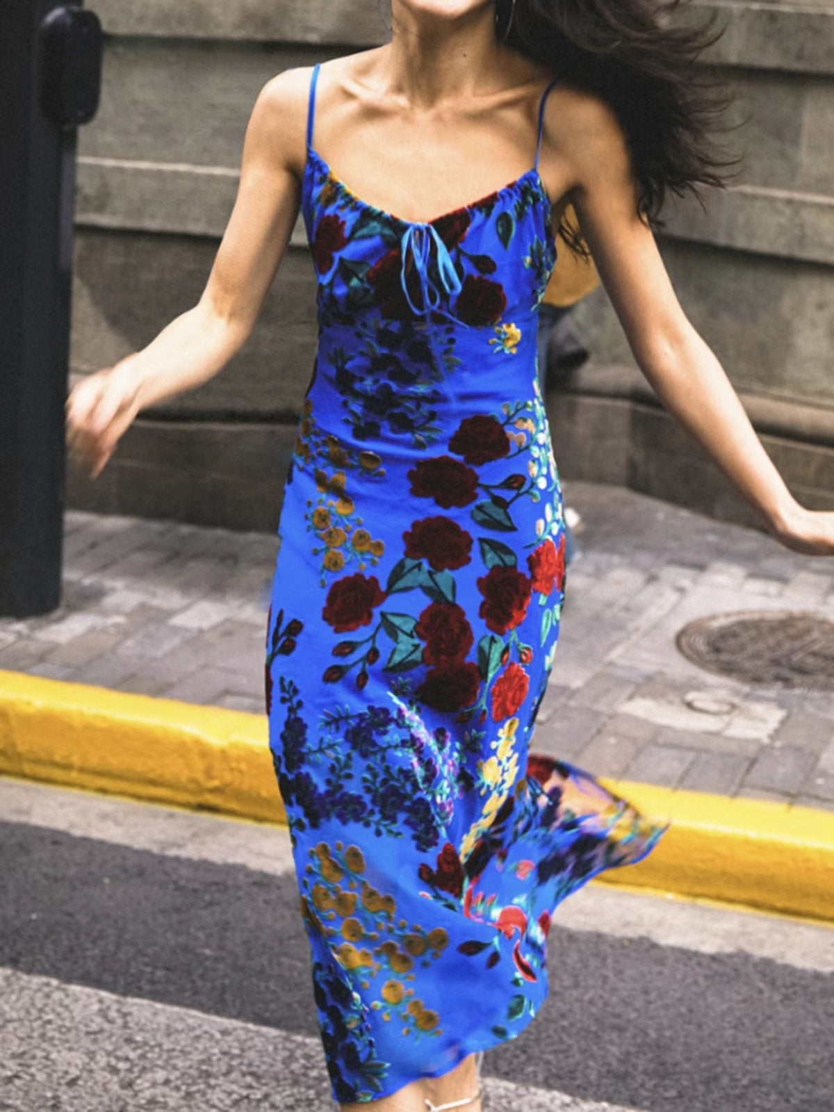 Velvet Dress with Floral Appliqué on Cami Style