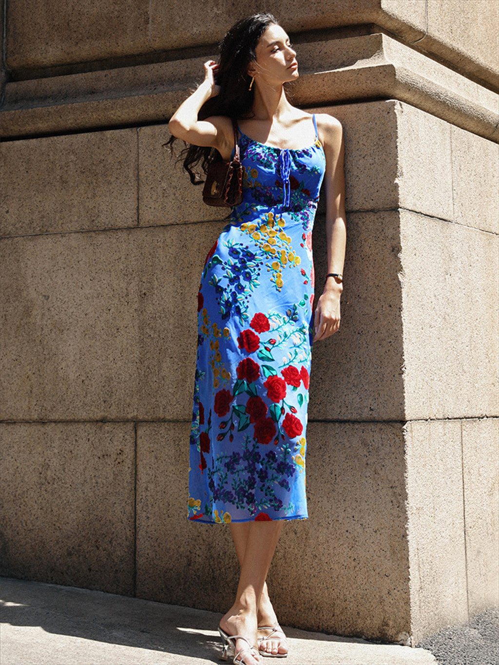 Velvet Cami Dress with Floral Appliqué Detail