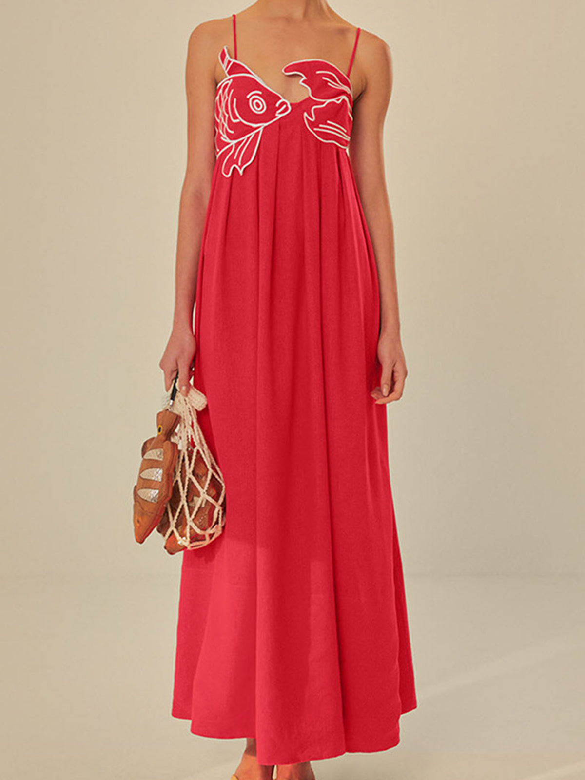 Embroidered Fish Pattern Semi-Sheer Cami Dress