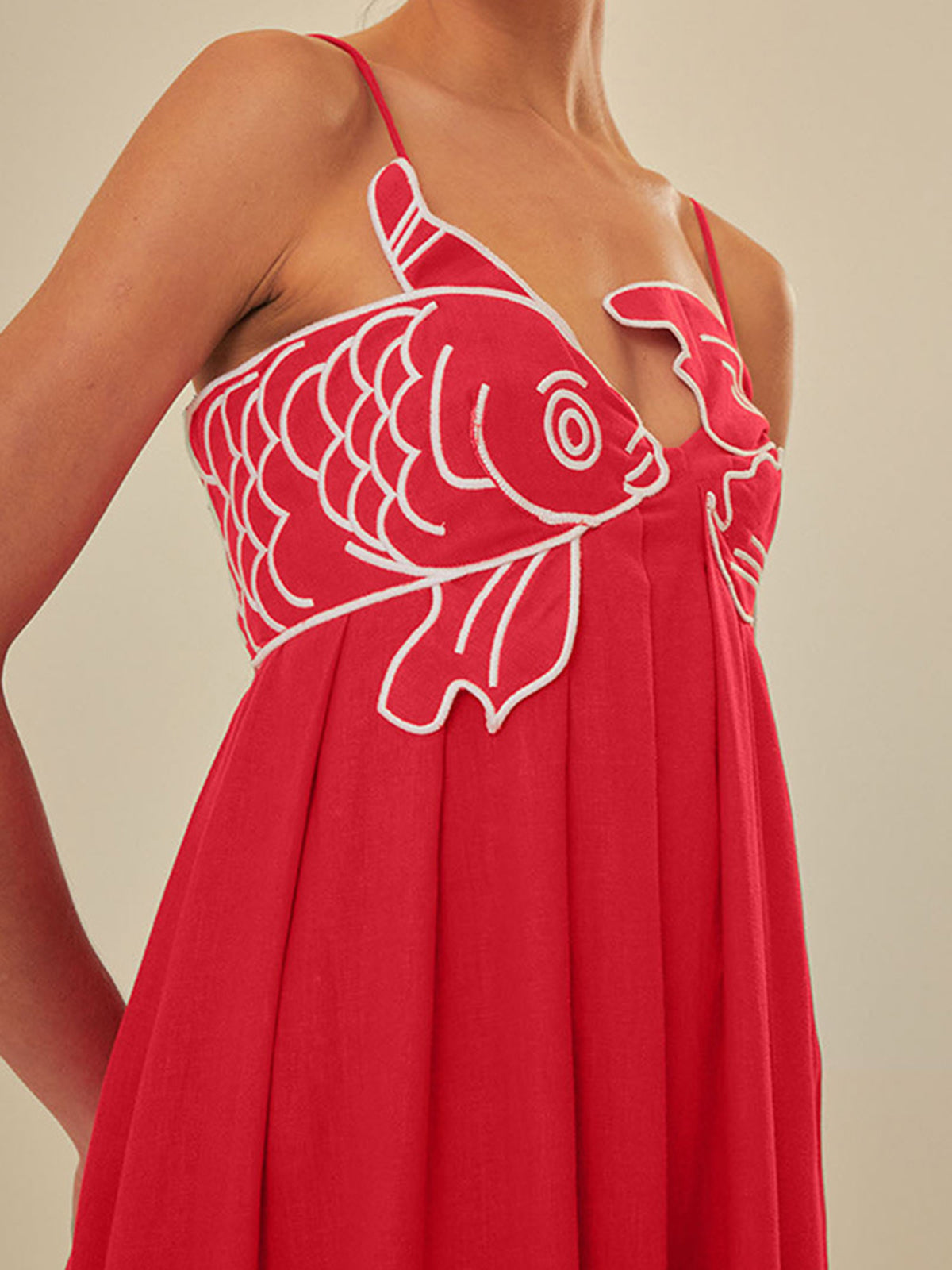 Embroidered Fish Motif Semi-Sheer Cami Dress