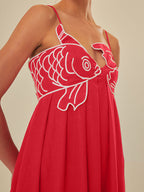 Embroidered Fish Pattern Semi-Sheer Cami Dress