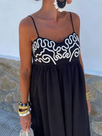 Embroidered Long Dress with Shirred Spaghetti Straps