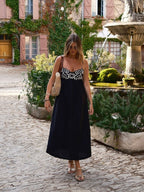 Embroidered Long Dress with Shirred Spaghetti Straps