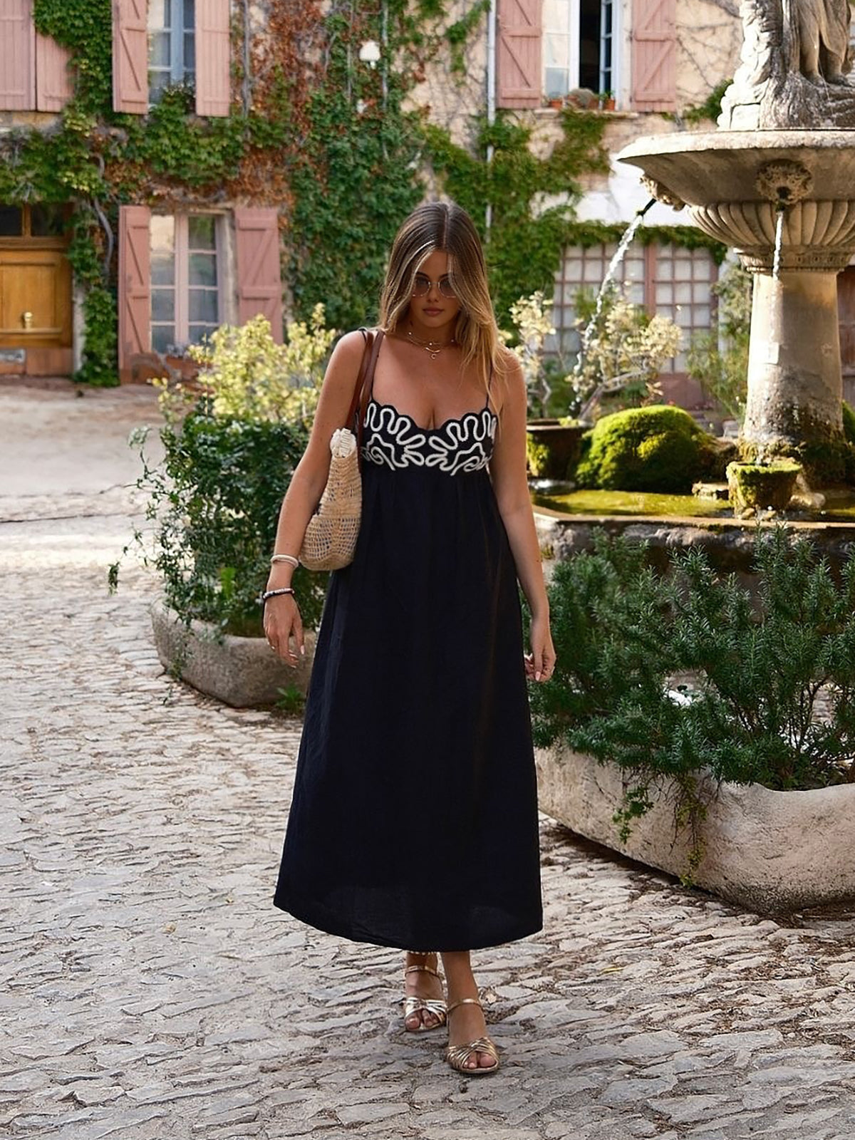 Embroidered Long Dress with Shirred Spaghetti Straps