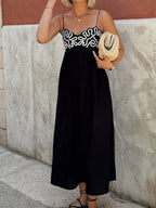 Embroidered Long Dress with Shirred Spaghetti Straps