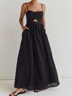 Cotton Sleeveless Dress with Pockets and Cutout Detail