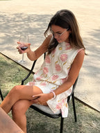 Charming Sleeveless Dress with Romantic Print