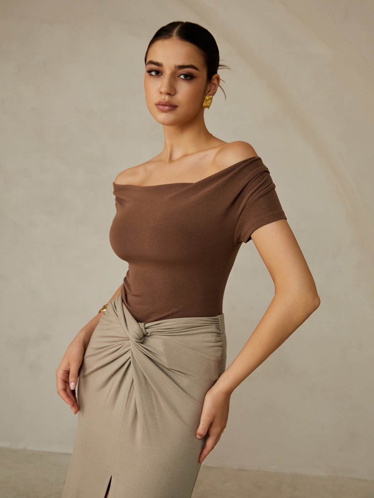 Elegant Pleated Off-Shoulder Tee