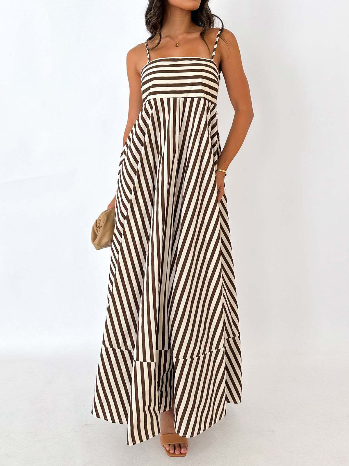Striped Cami Dress with Pleats and Long Cut