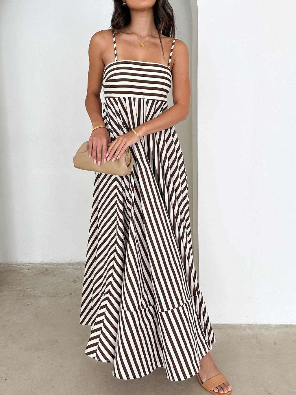 Long Striped Dress with Pleated Cami Design