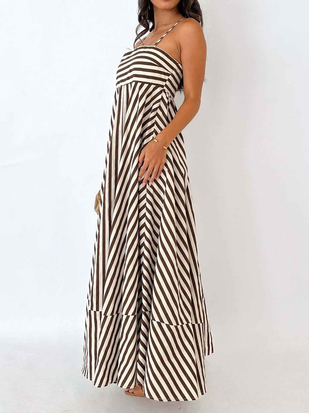 Striped Cami Dress with Pleats and Long Cut