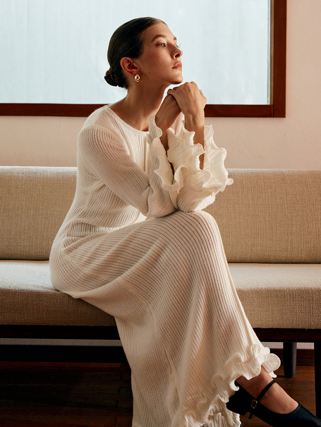 Semi-Sheer Knit Dress with Ruffle and Drawstring Detail