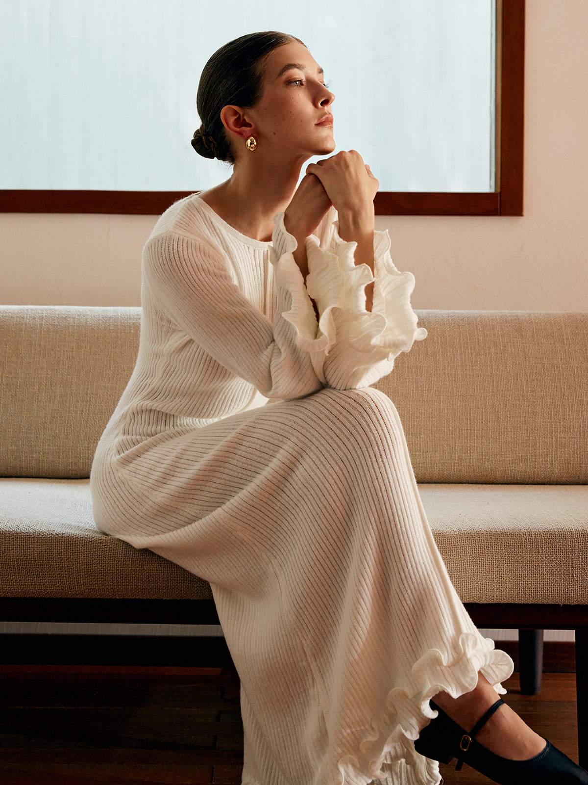 Semi-Sheer Knit Dress with Ruffle and Drawstring Detail