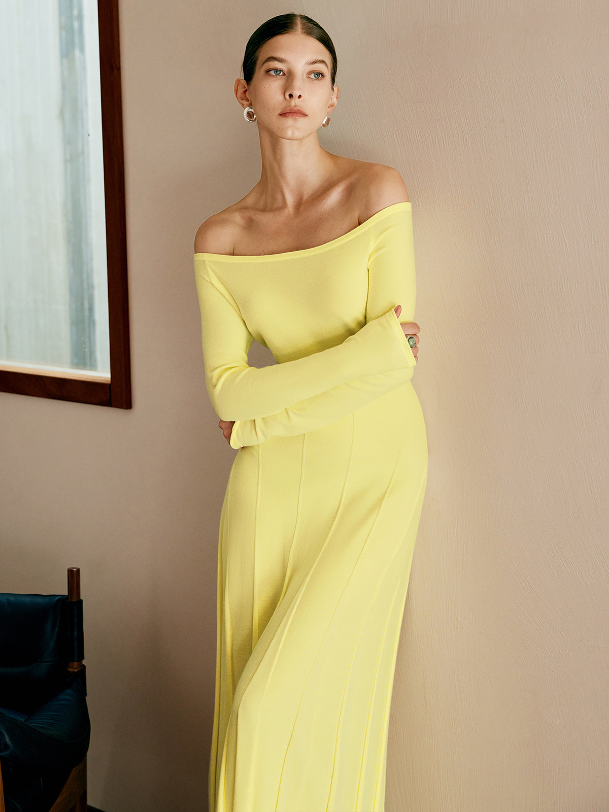 Off Shoulder Sweater Dress with Pleated Detail