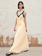 Contrast Trim Pleated Maxi Dress