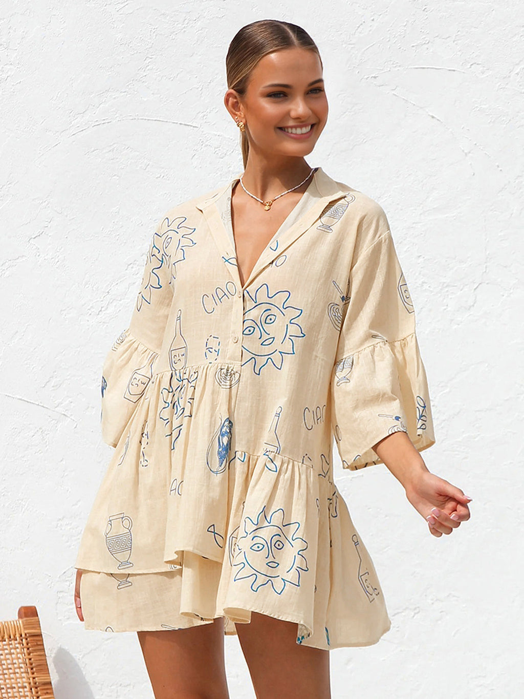 Oversized Short Dress with Sun Print Design