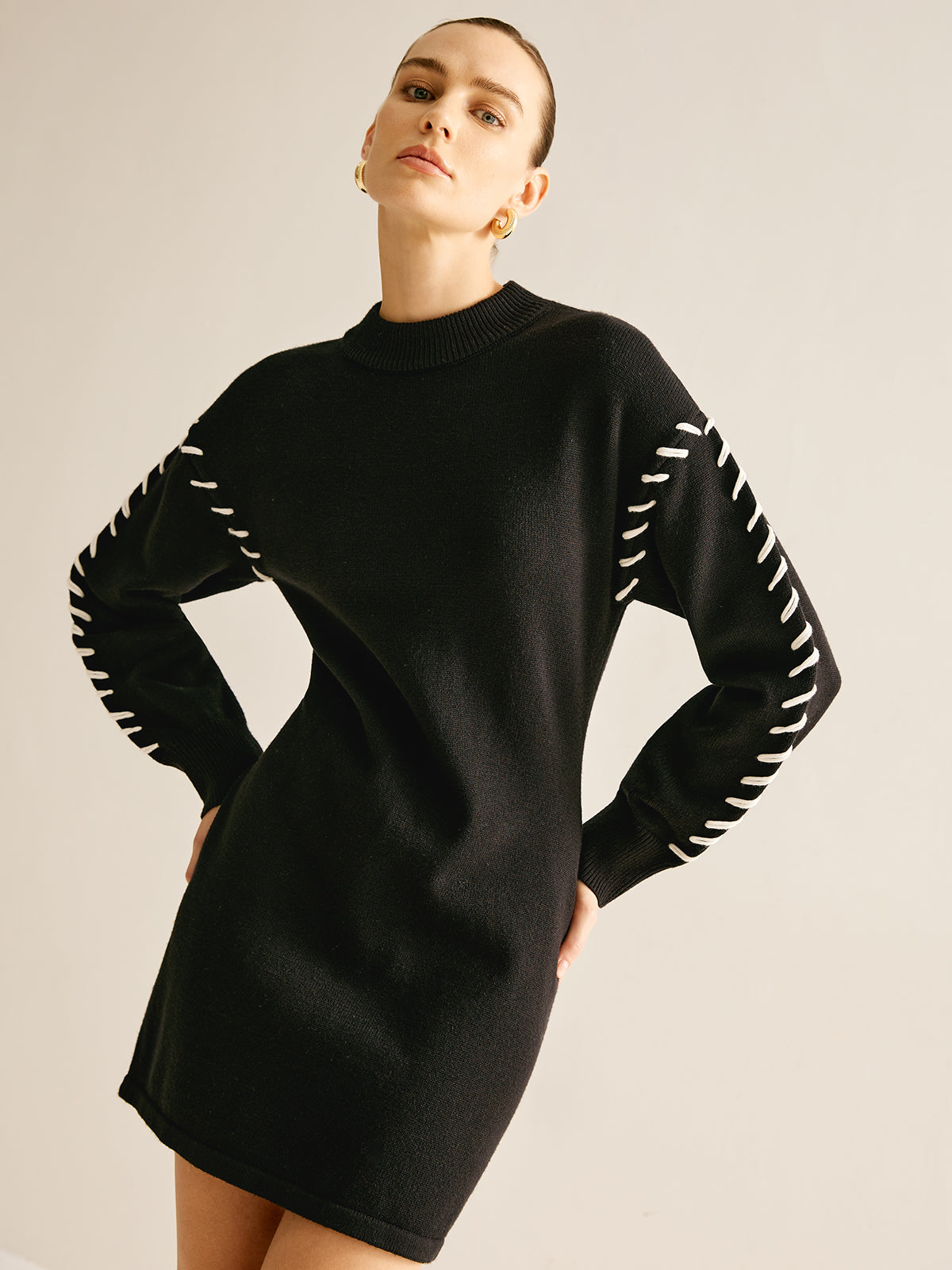 Contrast Trim Knit Sweater Mini Dress