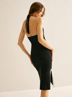V Neck Halter Dress with Front Split Detail