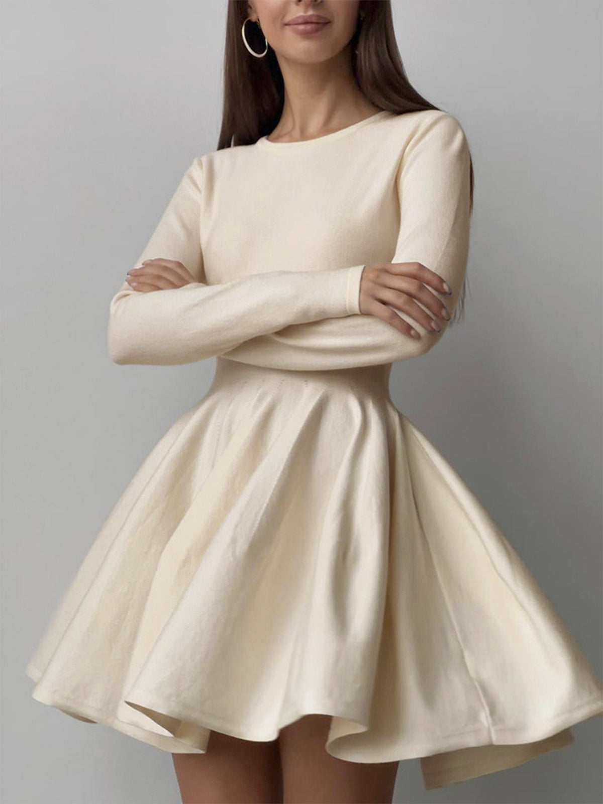 Simple Pleated Sweater Dress with Short Hem