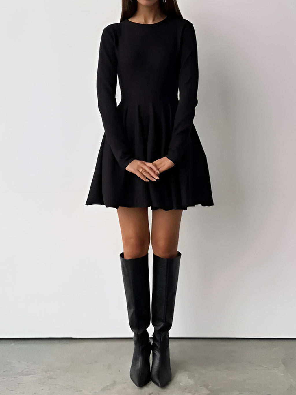 Simple Pleated Sweater Dress with Short Hem