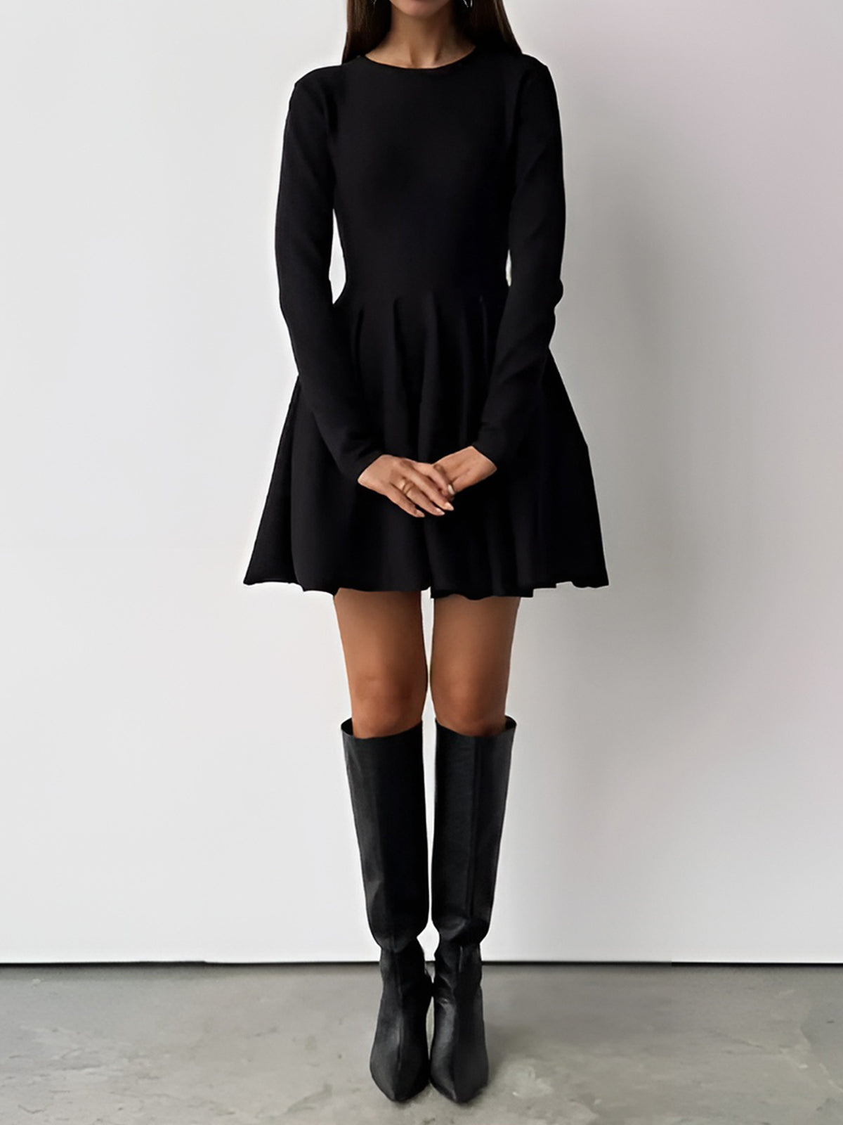 Simple Pleated Sweater Dress with Short Hem