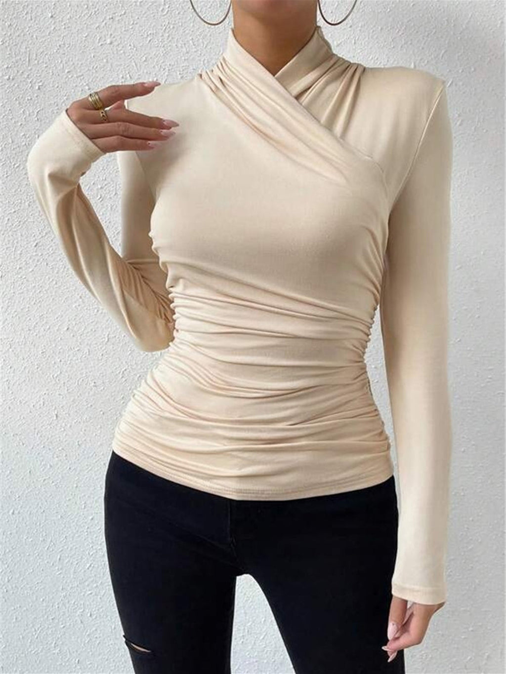 Pleated Cinched T-Shirt with Cross-Over Collar Design