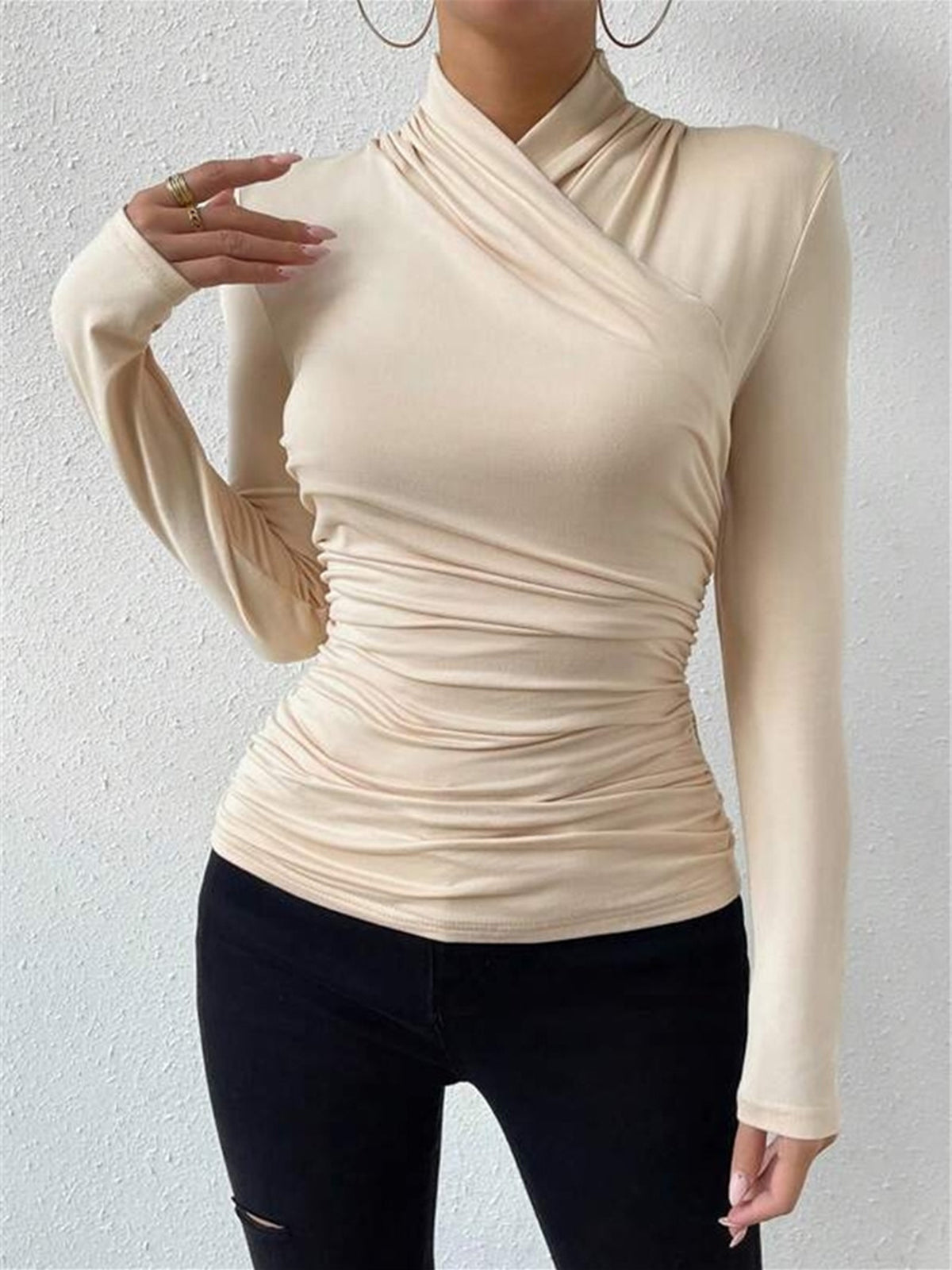 Pleated Cinched T-Shirt with Cross-Over Collar Design