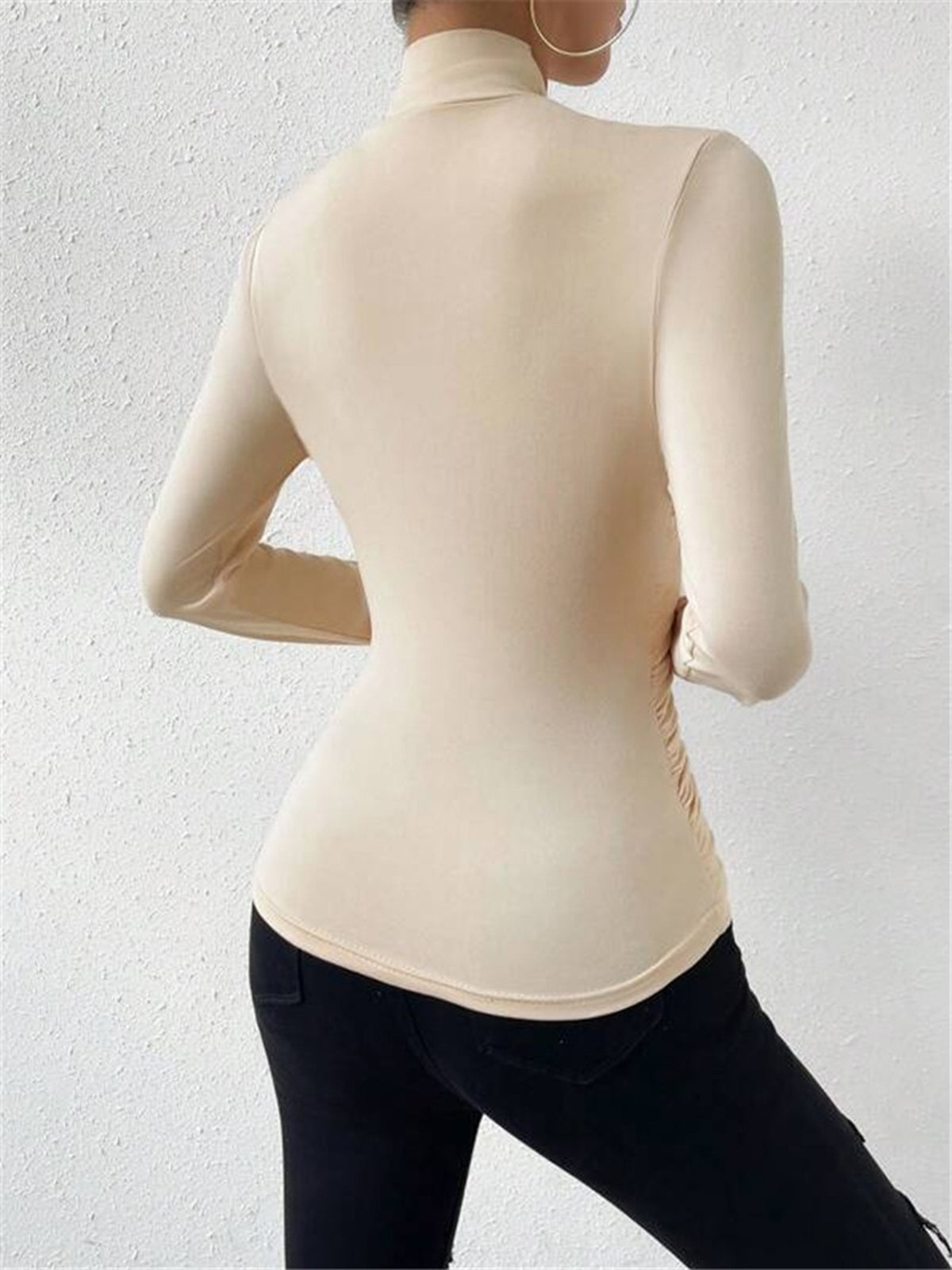Pleated Cinched T-Shirt with Cross-Over Collar Design