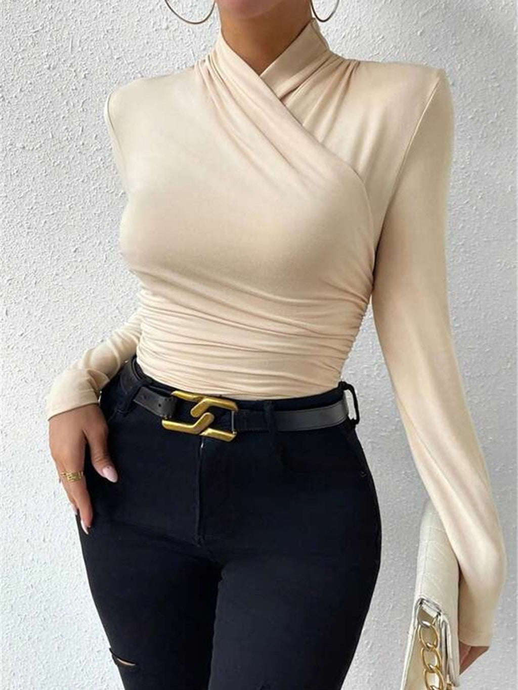 Pleated Cinched T-Shirt with Cross-Over Collar Design