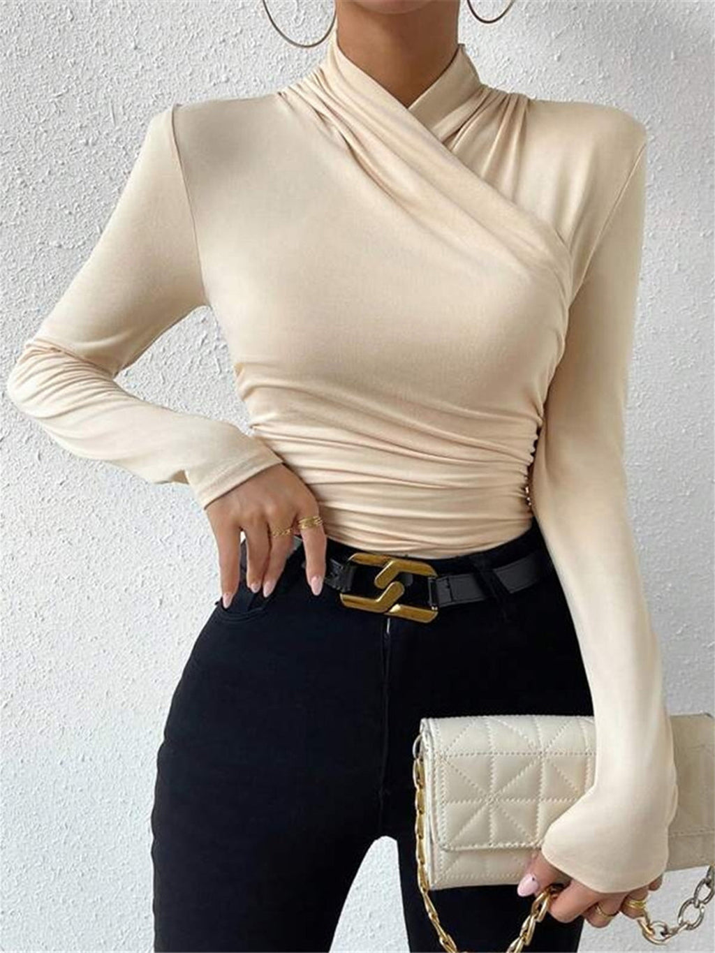 Pleated Cinched T-Shirt with Cross-Over Collar Design