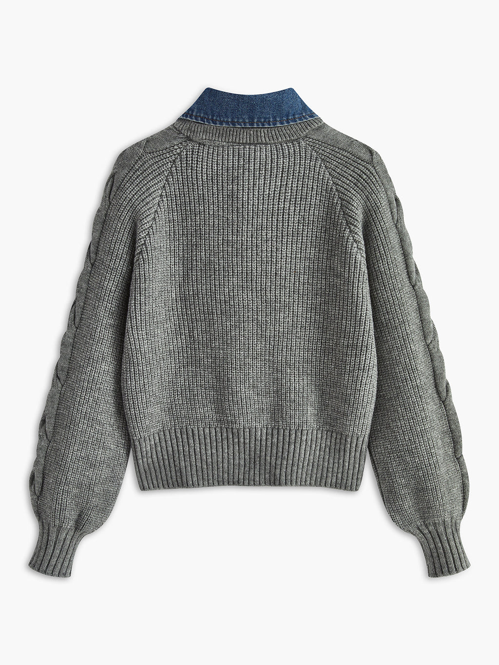 Ribbed Collar Sweater with Denim Panels