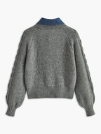 Ribbed Collar Sweater with Denim Panels