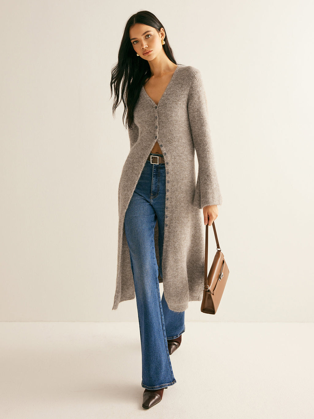 V-Neck Sweater Dress with Split and Stacked Design