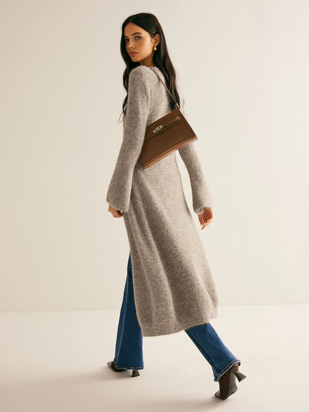 V-Neck Sweater Dress with Split and Stacked Design