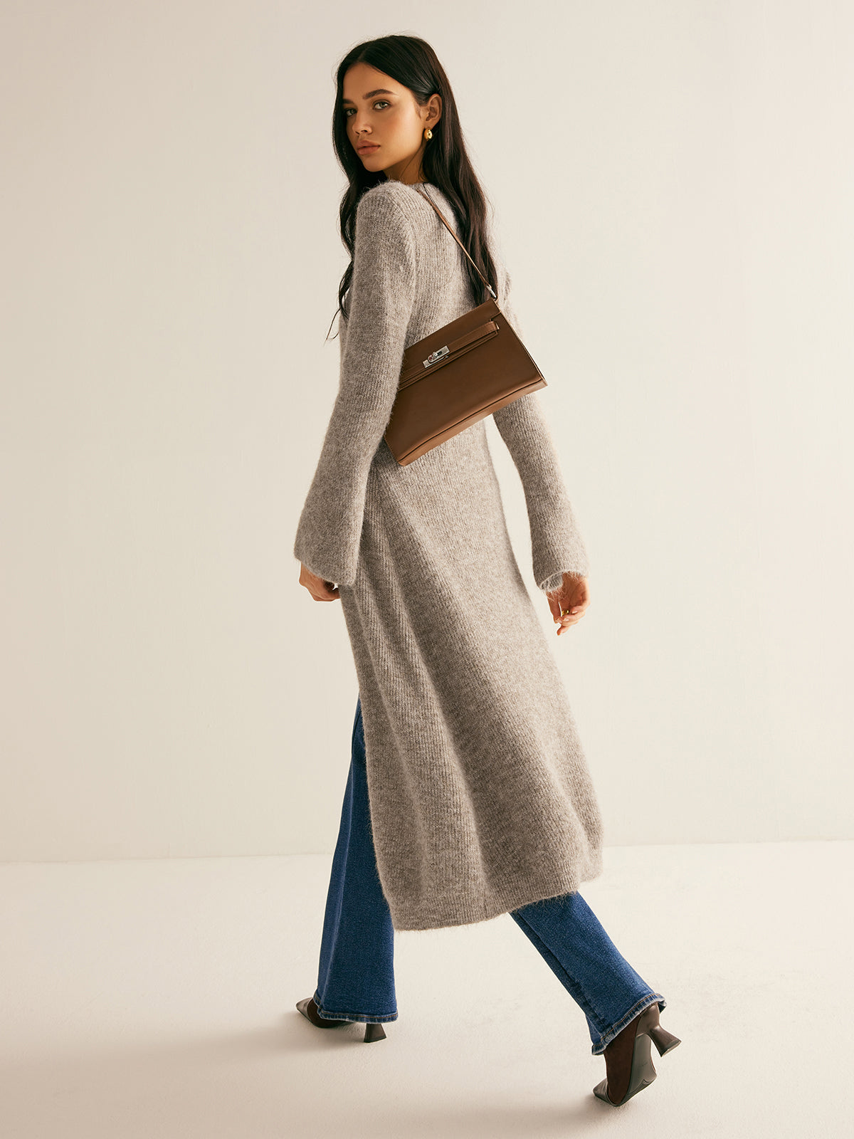 V-Neck Sweater Dress with Split and Stacked Design